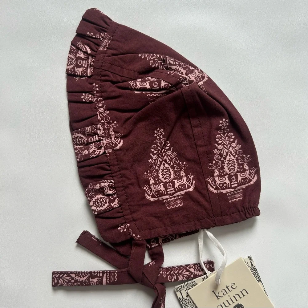 NWT Kate Quinn Nordic Tree Ruffle Bonnet Newborn Organic Cotton